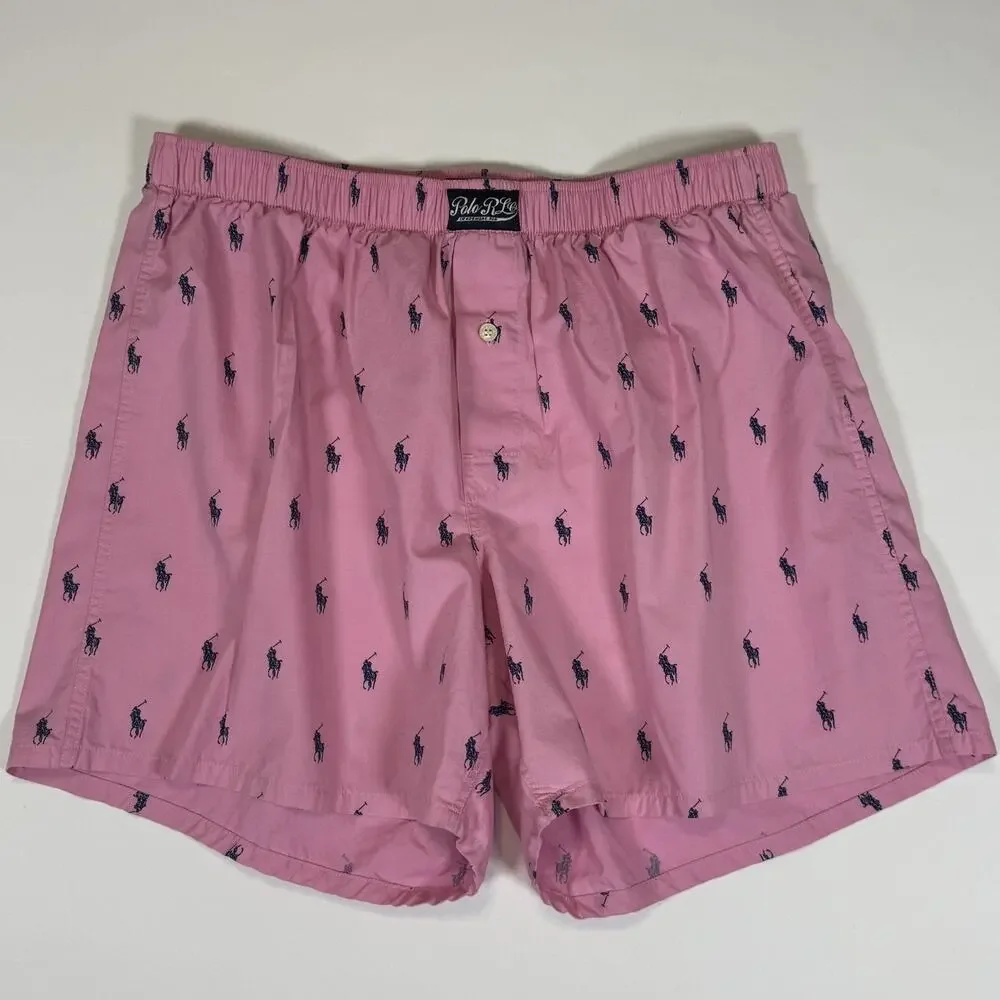 Polo Ralph Lauren Men’s Woven Boxer Shorts Underwear Logo Print Pink/Blue Large